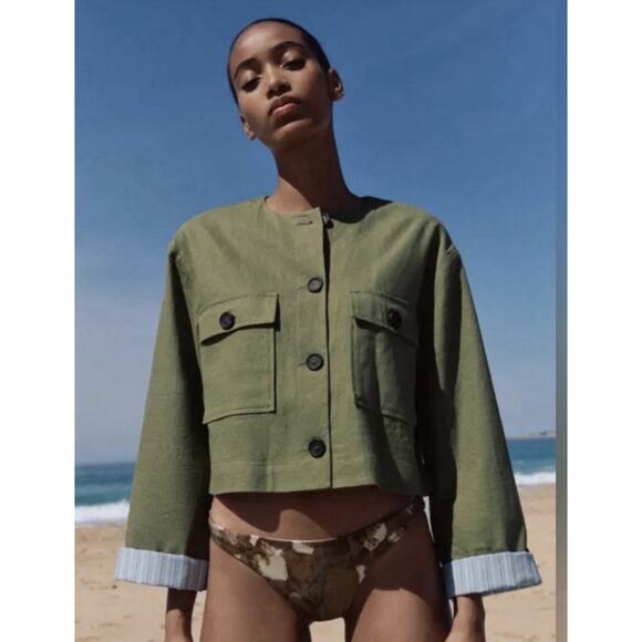 Zara linen blend cropped jacket in an olive Green Medium 11-3043 - Picture 2 of 4